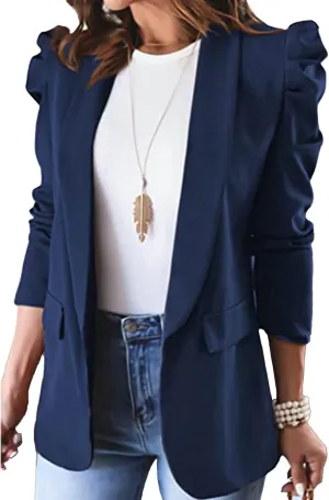 SEMATOMALA Women's Puff Sleeve Shoulder Pad Slim Business Blazer Suit Casual Lapel Open Front Work Office Jacket with Pockets