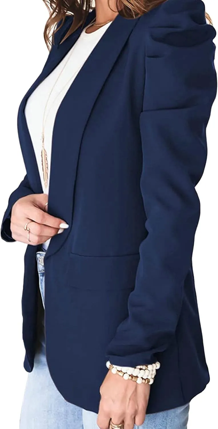 SEMATOMALA Women's Puff Sleeve Shoulder Pad Slim Business Blazer Suit Casual Lapel Open Front Work Office Jacket with Pockets
