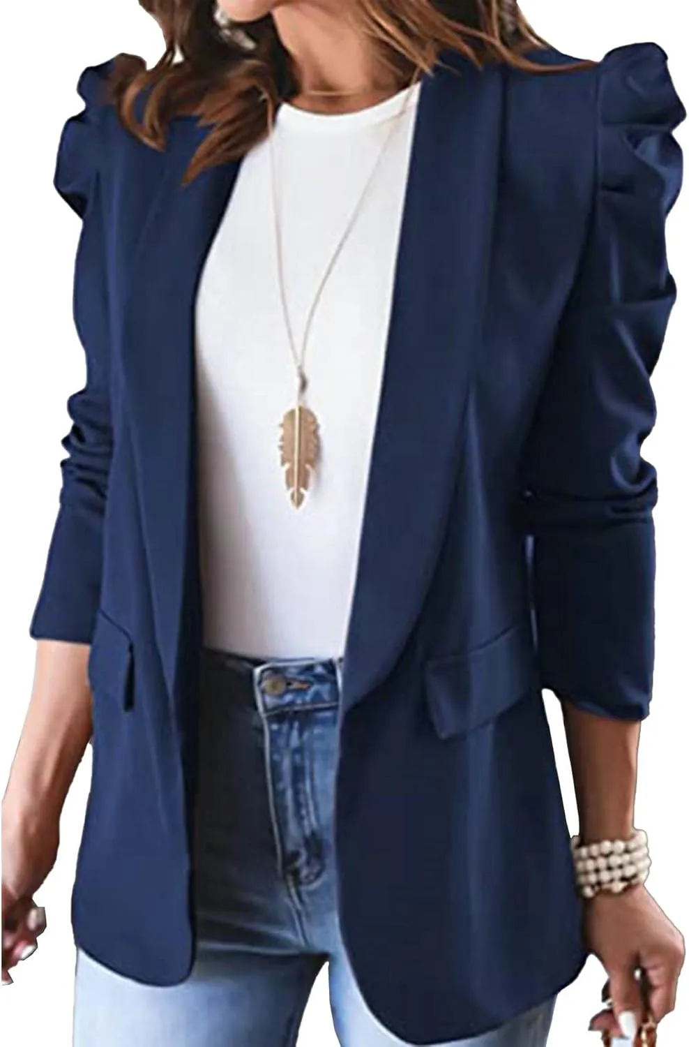 SEMATOMALA Women's Puff Sleeve Shoulder Pad Slim Business Blazer Suit Casual Lapel Open Front Work Office Jacket with Pockets