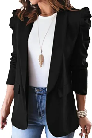SEMATOMALA Women's Puff Sleeve Shoulder Pad Slim Business Blazer Suit Casual Lapel Open Front Work Office Jacket with Pockets