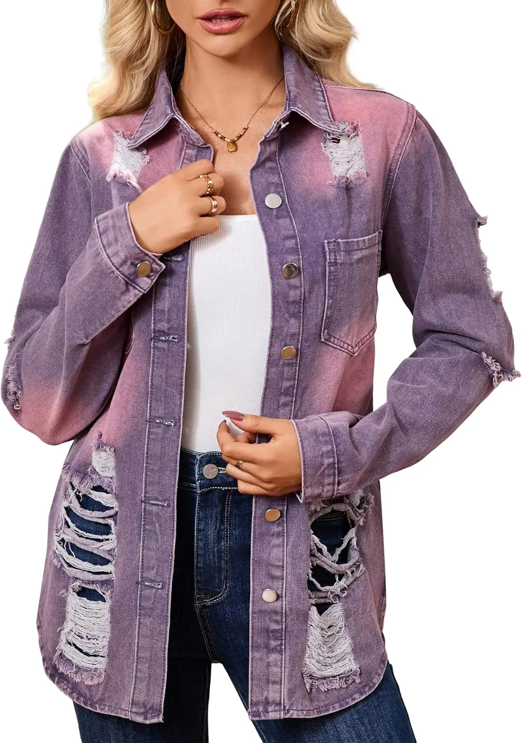 sexycherry Denim Jacket for Women Long Sleeve Classic Trucker Jeans Long Coat Outwear with Pockets