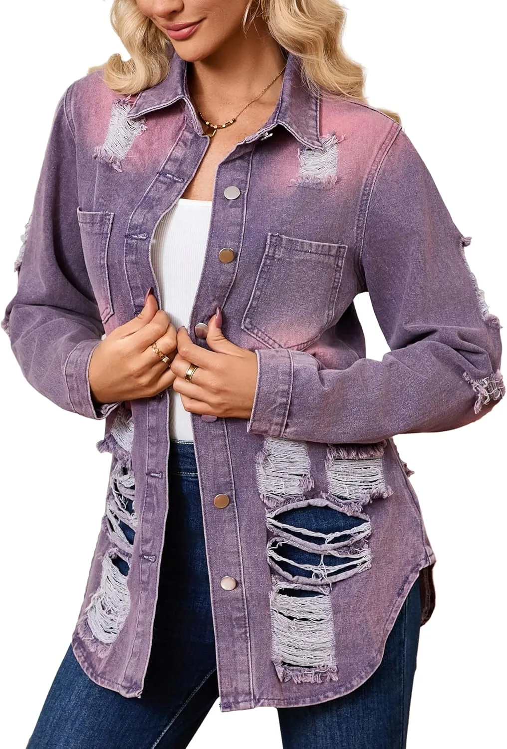 sexycherry Denim Jacket for Women Long Sleeve Classic Trucker Jeans Long Coat Outwear with Pockets