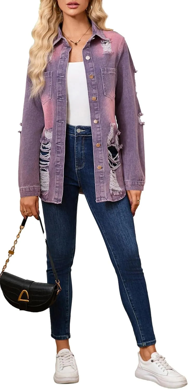 sexycherry Denim Jacket for Women Long Sleeve Classic Trucker Jeans Long Coat Outwear with Pockets