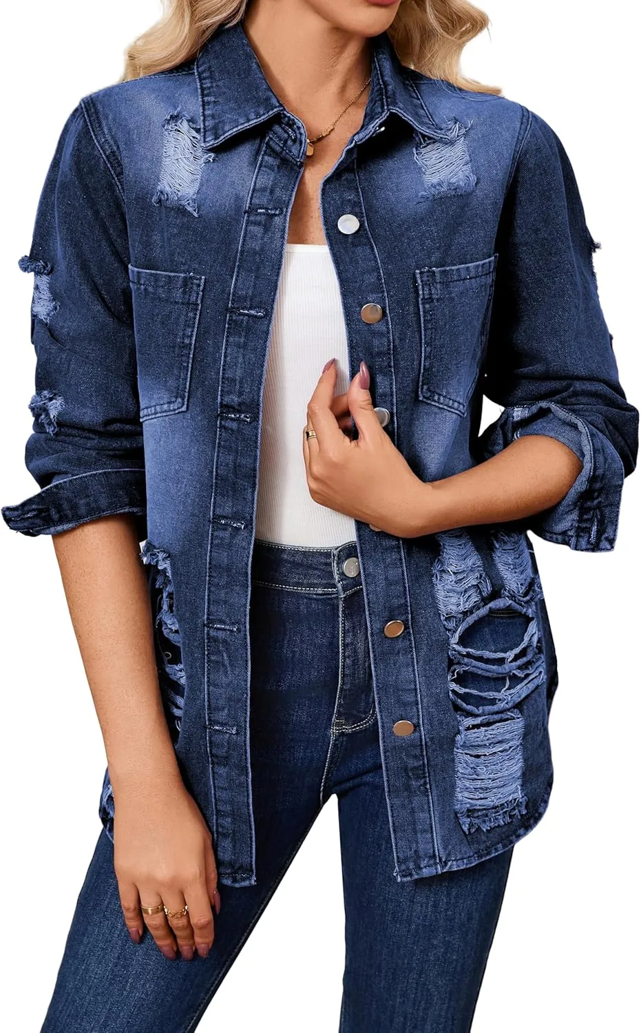 sexycherry Denim Jacket for Women Long Sleeve Classic Trucker Jeans Long Coat Outwear with Pockets