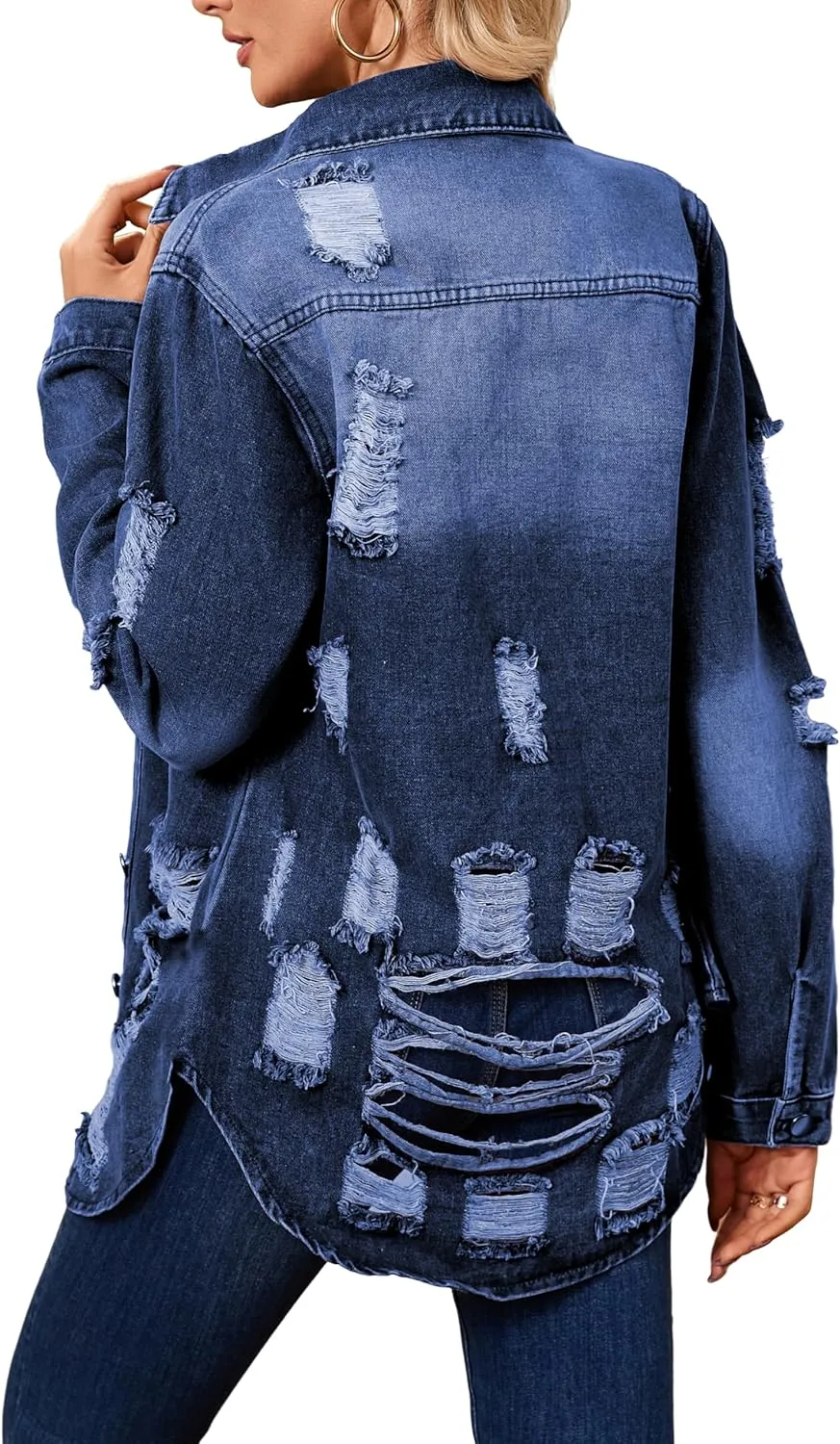 sexycherry Denim Jacket for Women Long Sleeve Classic Trucker Jeans Long Coat Outwear with Pockets