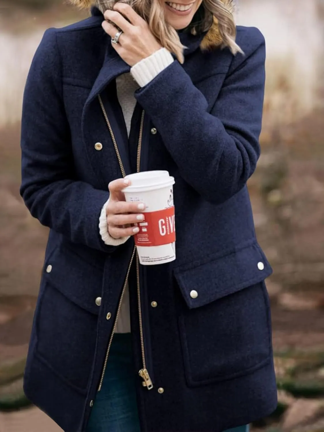 Shanfetl Womens Coats Fall Winter Warm Mid Length Pea Coats Elegant Jackets Outwear with Faux Fur Hood