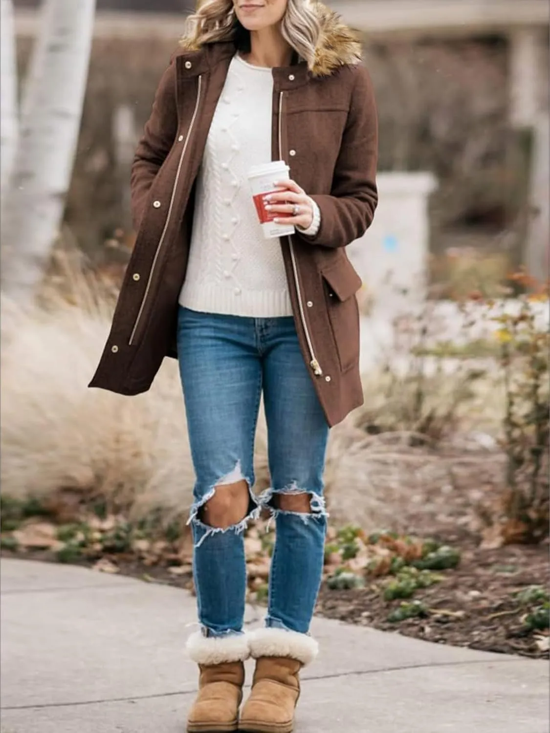 Shanfetl Womens Coats Fall Winter Warm Mid Length Pea Coats Elegant Jackets Outwear with Faux Fur Hood