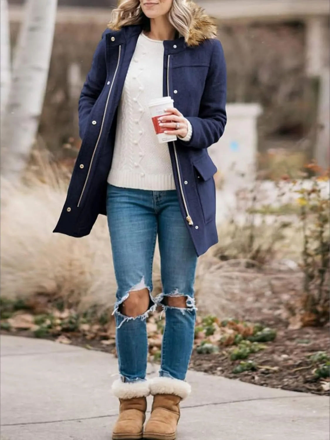 Shanfetl Womens Coats Fall Winter Warm Mid Length Pea Coats Elegant Jackets Outwear with Faux Fur Hood