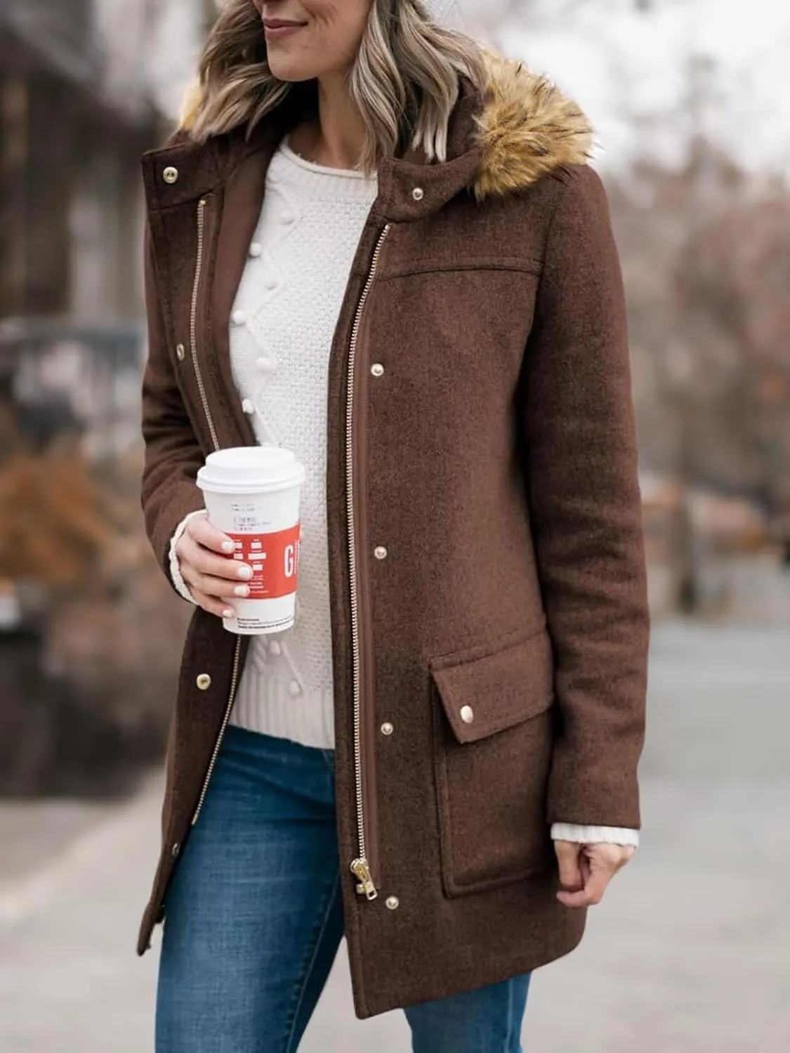 Shanfetl Womens Coats Fall Winter Warm Mid Length Pea Coats Elegant Jackets Outwear with Faux Fur Hood