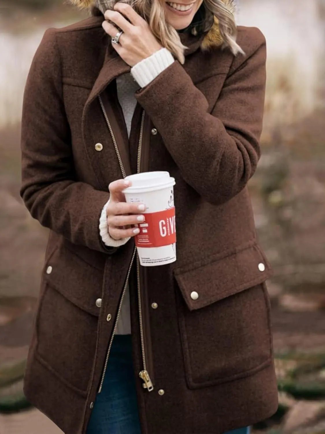 Shanfetl Womens Coats Fall Winter Warm Mid Length Pea Coats Elegant Jackets Outwear with Faux Fur Hood