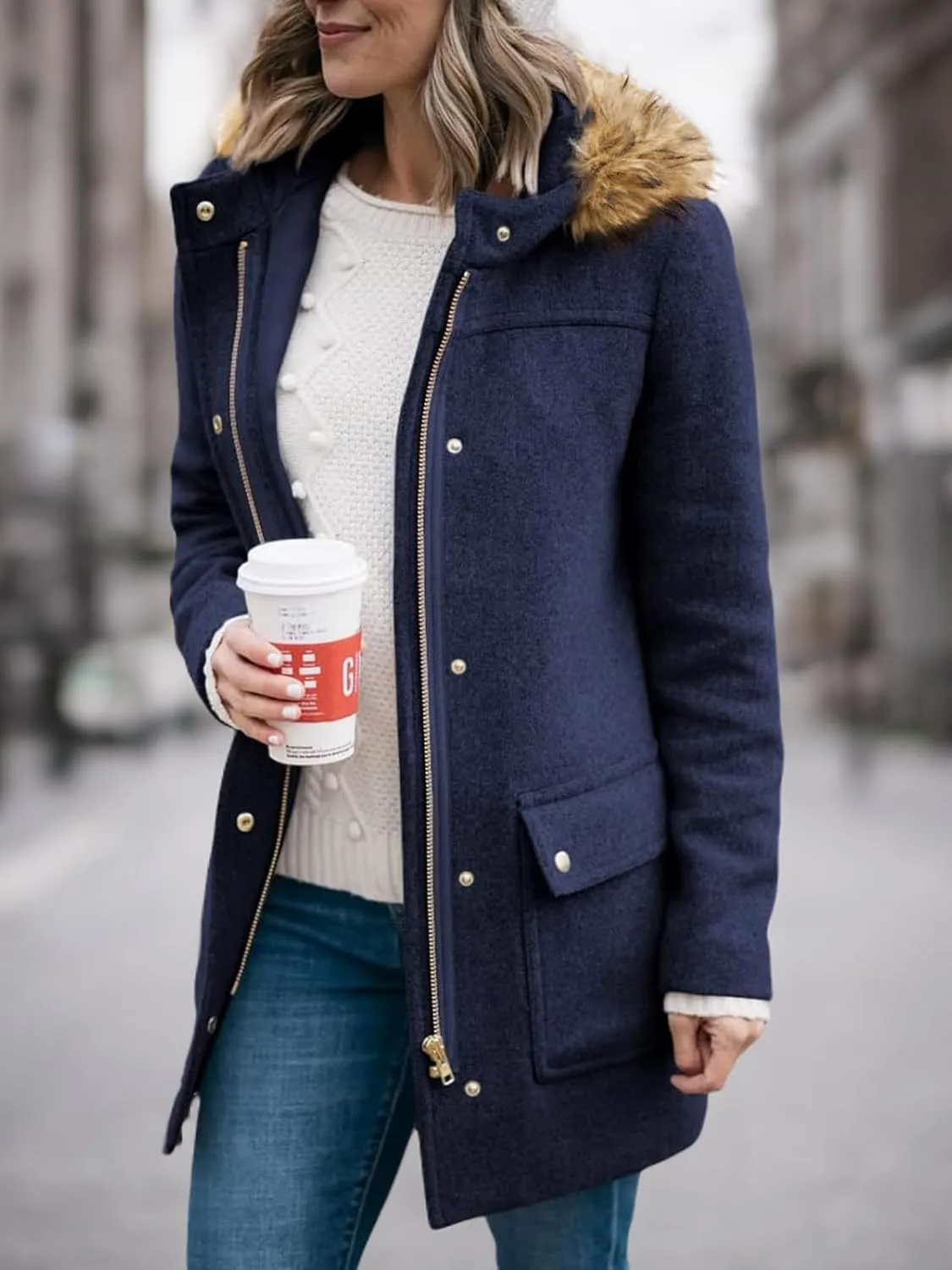 Shanfetl Womens Coats Fall Winter Warm Mid Length Pea Coats Elegant Jackets Outwear with Faux Fur Hood