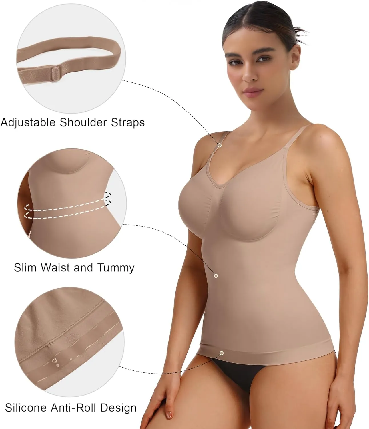 SHAPERX Women's Shapewear Tank Tops, Seamless Tummy Control Shaping Camisole Adjustable Straps Anti-Roll Hem