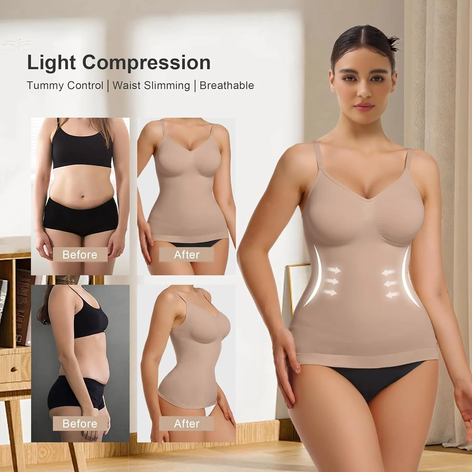 SHAPERX Women's Shapewear Tank Tops, Seamless Tummy Control Shaping Camisole Adjustable Straps Anti-Roll Hem
