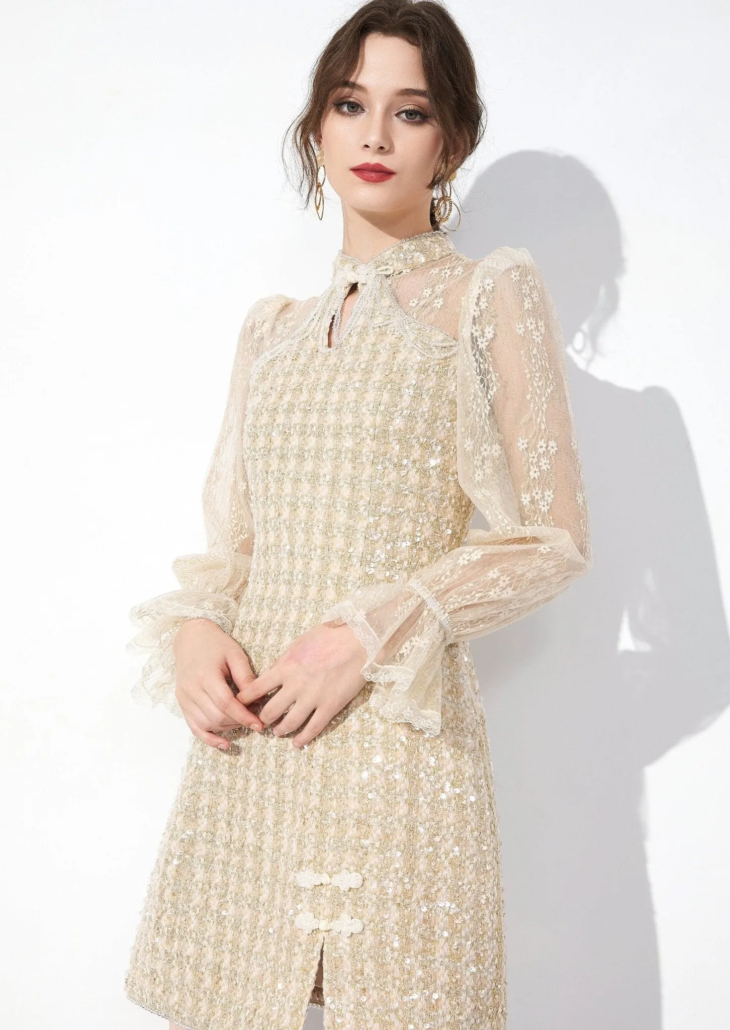 SHEER RUFFLE TWEED DRESS