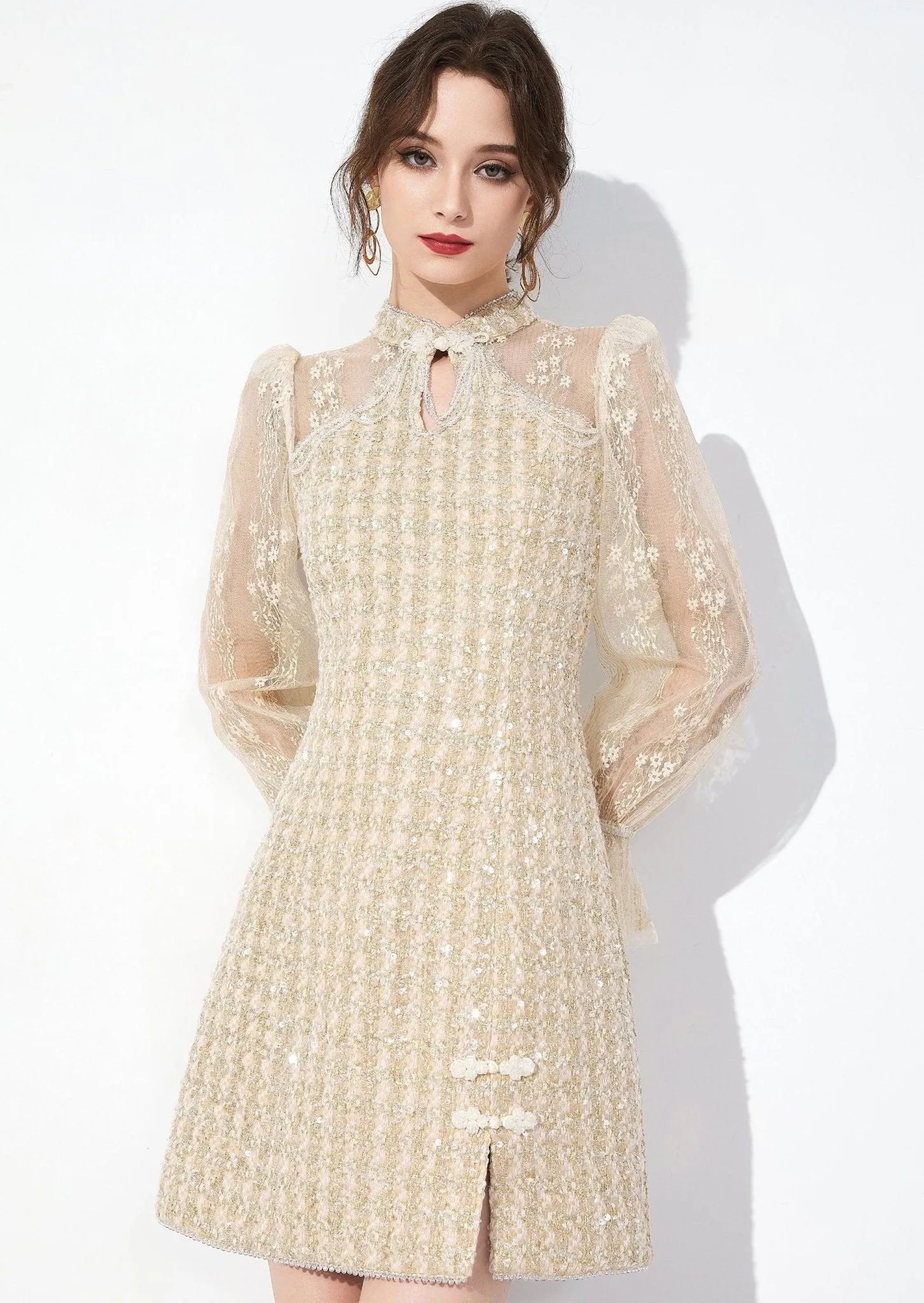 SHEER RUFFLE TWEED DRESS