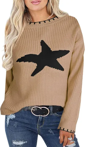 shermie Women's Star Graphic Knitted Pullover Sweaters Long Sleeve Crew Neck Casual Sweater