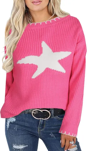 shermie Women's Star Graphic Knitted Pullover Sweaters Long Sleeve Crew Neck Casual Sweater