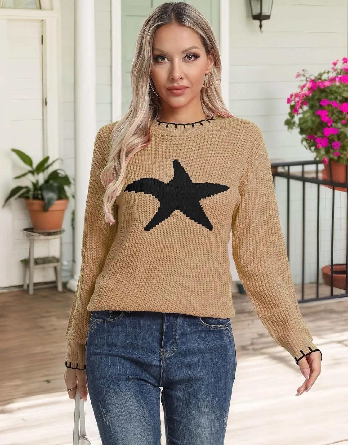 shermie Women's Star Graphic Knitted Pullover Sweaters Long Sleeve Crew Neck Casual Sweater
