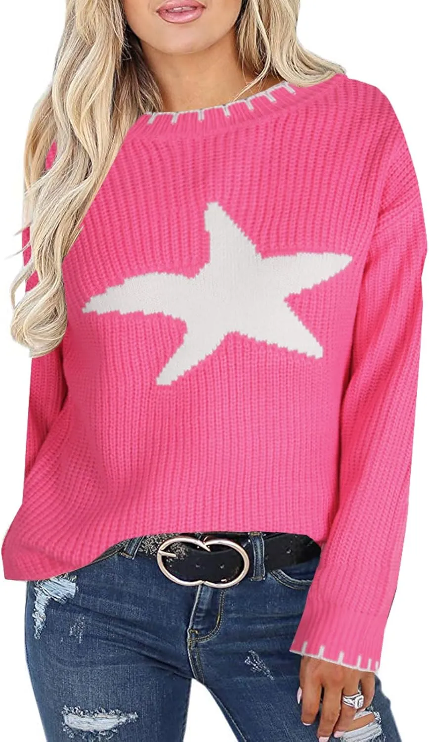 shermie Women's Star Graphic Knitted Pullover Sweaters Long Sleeve Crew Neck Casual Sweater