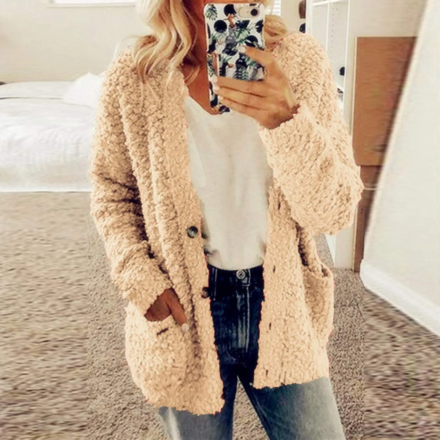 Sherpa Jacket Women 2024 Plus Size Open Front Long Sleeve Button Coat Casual Fuzzy Fall Winter Cardigan Outerwear