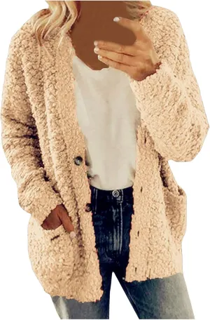 Sherpa Jacket Women 2024 Plus Size Open Front Long Sleeve Button Coat Casual Fuzzy Fall Winter Cardigan Outerwear