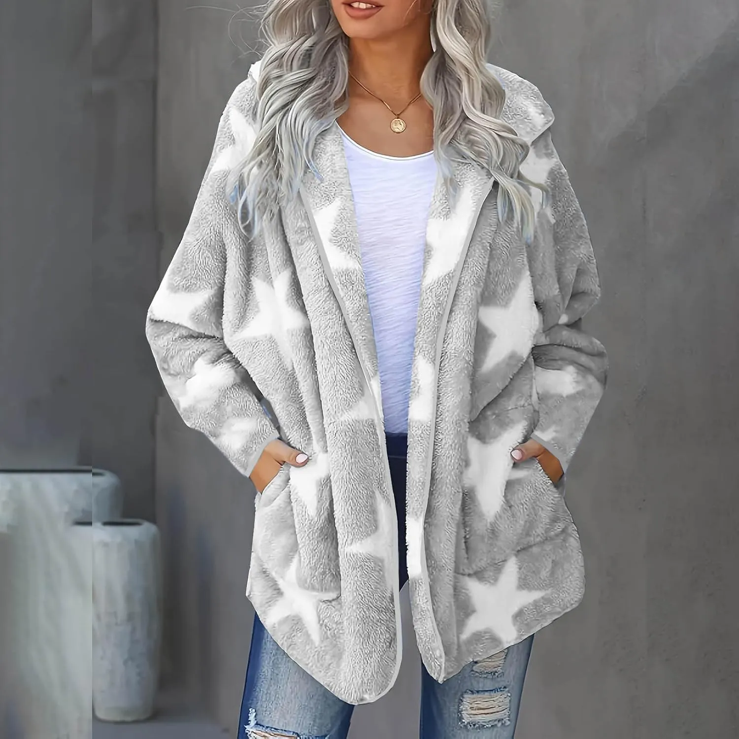 Sherpa Jacket Women Fuzzy Fleece Open Front Hooded Cardigan Cute Star Graphic Hoodie Fluffy Warm Winter Coats Outwear