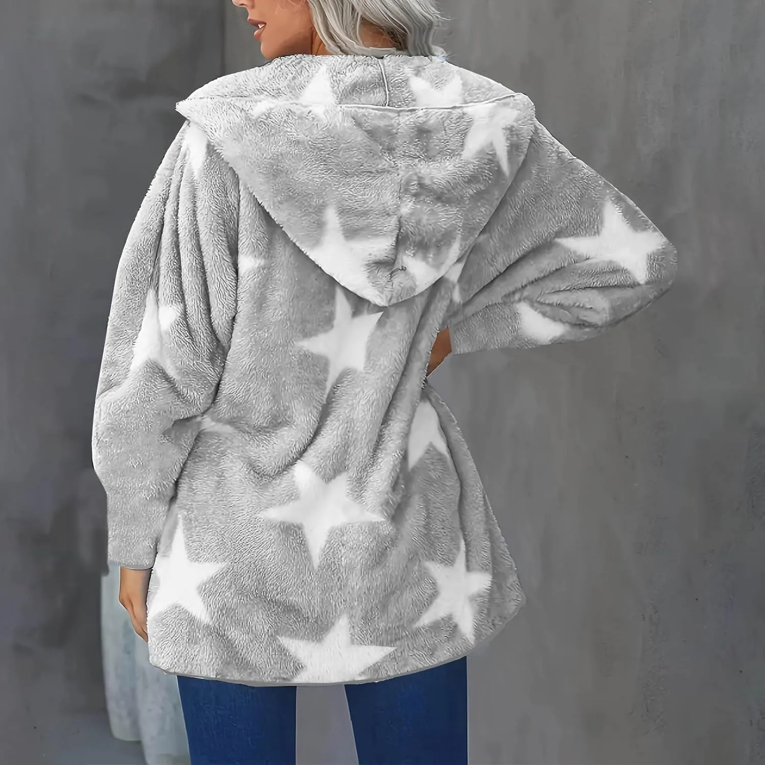 Sherpa Jacket Women Fuzzy Fleece Open Front Hooded Cardigan Cute Star Graphic Hoodie Fluffy Warm Winter Coats Outwear