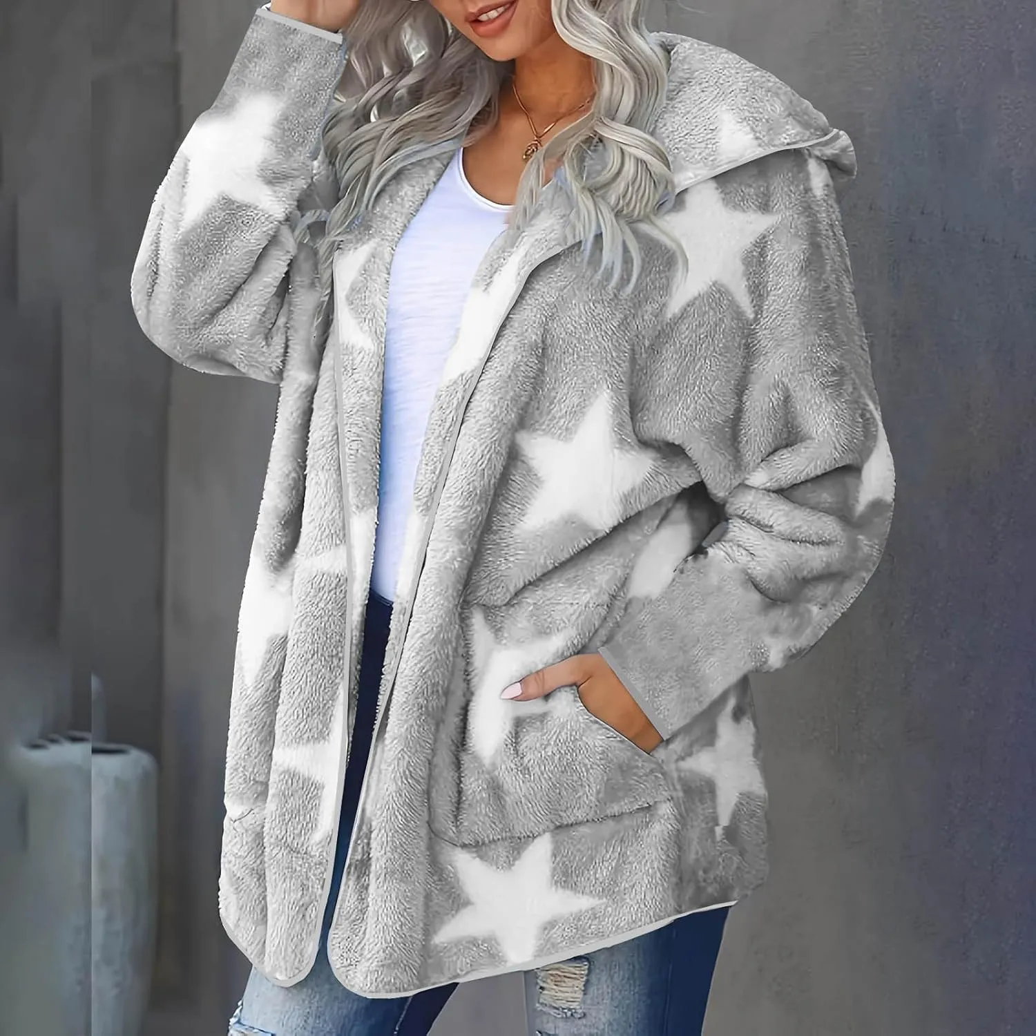 Sherpa Jacket Women Fuzzy Fleece Open Front Hooded Cardigan Cute Star Graphic Hoodie Fluffy Warm Winter Coats Outwear