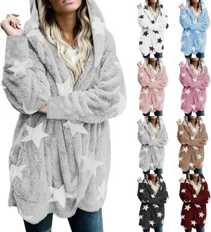 Sherpa Jacket Women Fuzzy Fleece Open Front Hooded Cardigan Cute Star Graphic Hoodie Fluffy Warm Winter Coats Outwear