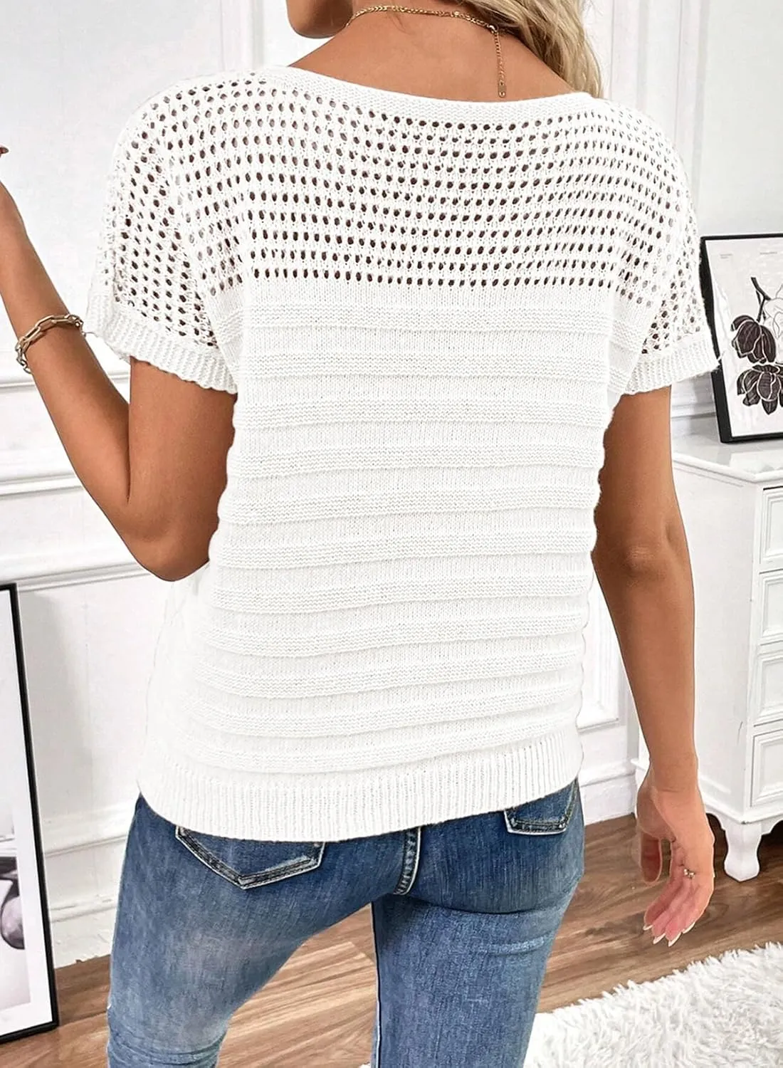 SHEWIN Womens Sweaters Crew Neck Short Sleeve Shirts Summer Tops Knit Hollow Out T Shirts Sweater Blouses