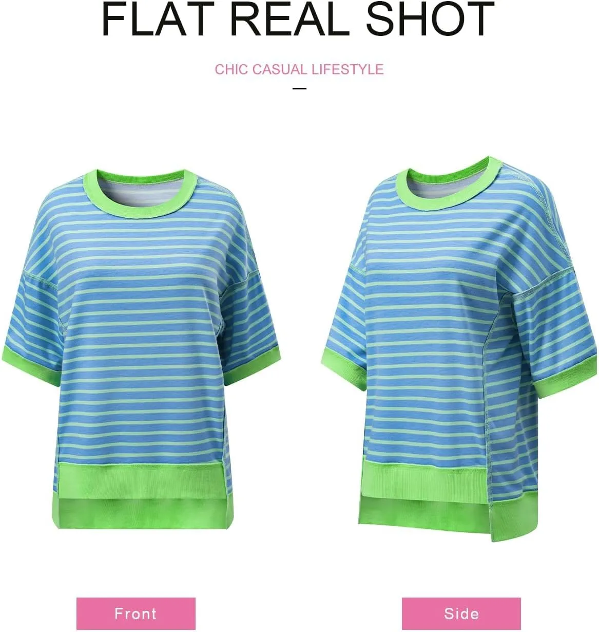 SHEWIN Womens Tops Casual Short Sleeve Sweatshirt Striped Shirt Crewneck Pullover T Shirts Loose Blouses