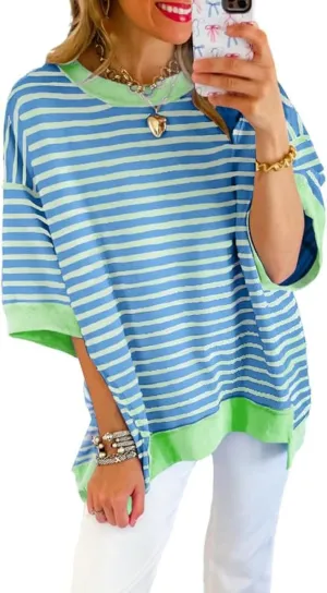 SHEWIN Womens Tops Casual Short Sleeve Sweatshirt Striped Shirt Crewneck Pullover T Shirts Loose Blouses