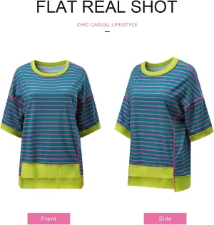 SHEWIN Womens Tops Casual Short Sleeve Sweatshirt Striped Shirt Crewneck Pullover T Shirts Loose Blouses