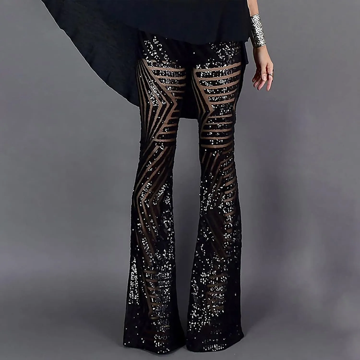 Shiny Metallic Flare Pants for Womens Sexy 70s Sequins Yoga Pants High Waist Bell Bottom Trousers Wide Leg Leggings