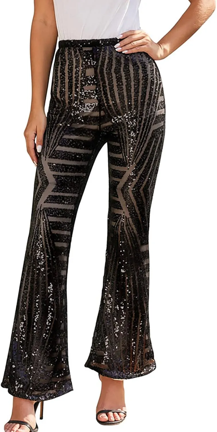 Shiny Metallic Flare Pants for Womens Sexy 70s Sequins Yoga Pants High Waist Bell Bottom Trousers Wide Leg Leggings