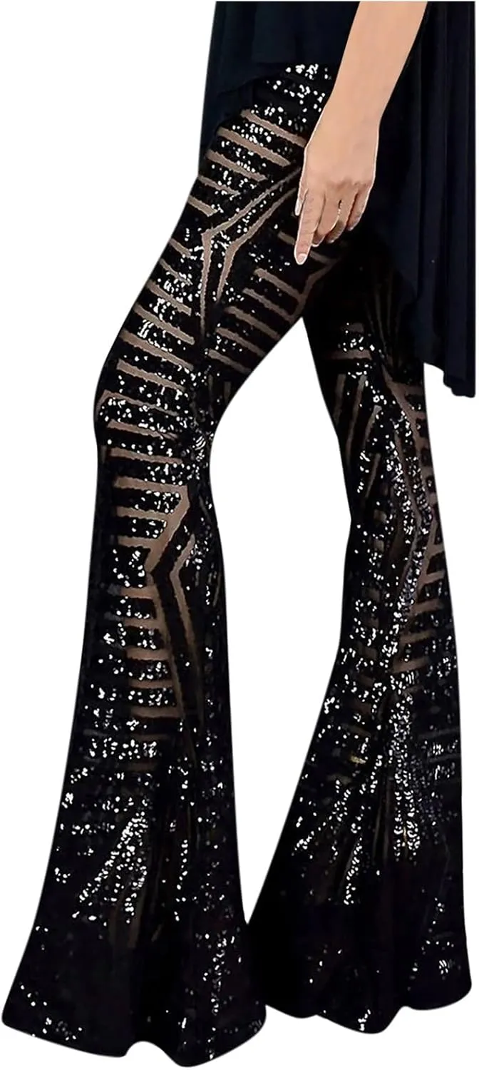 Shiny Metallic Flare Pants for Womens Sexy 70s Sequins Yoga Pants High Waist Bell Bottom Trousers Wide Leg Leggings