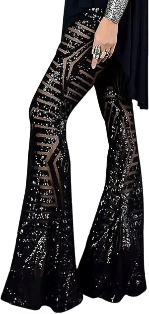 Shiny Metallic Flare Pants for Womens Sexy 70s Sequins Yoga Pants High Waist Bell Bottom Trousers Wide Leg Leggings