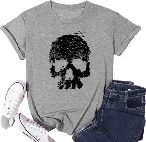 Skull Shirts for Women Gothic Skeleton Print Vintage Graphic Casual Cotton Tops Funny Workout Athletic Shirts