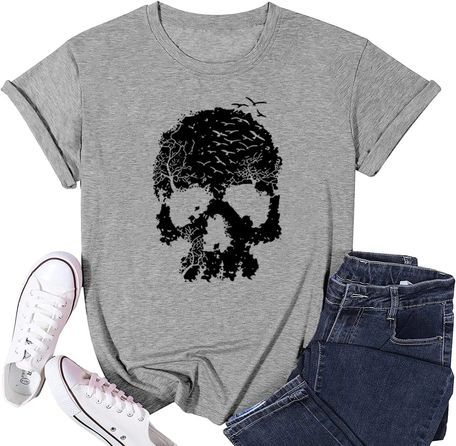 Skull Shirts for Women Gothic Skeleton Print Vintage Graphic Casual Cotton Tops Funny Workout Athletic Shirts