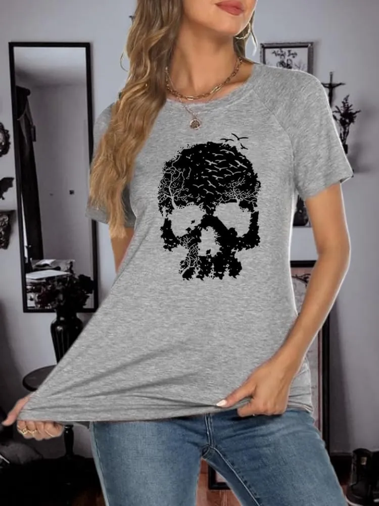 Skull Shirts for Women Gothic Skeleton Print Vintage Graphic Casual Cotton Tops Funny Workout Athletic Shirts