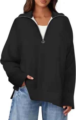 slqdgmryz Quarter Zip Pullover Women Side Slit Oversized Sweatshirt Preppy 1/4 Zipper Y2k Hoodie Long Sleeve Cute Sweatshirts
