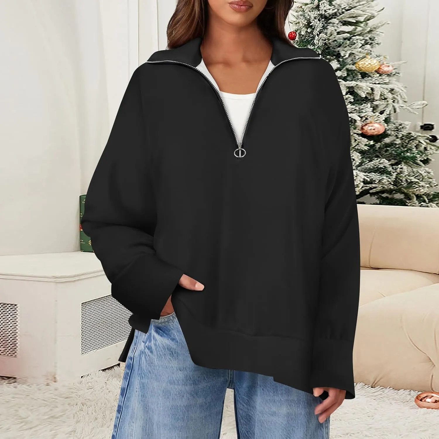 slqdgmryz Quarter Zip Pullover Women Side Slit Oversized Sweatshirt Preppy 1/4 Zipper Y2k Hoodie Long Sleeve Cute Sweatshirts