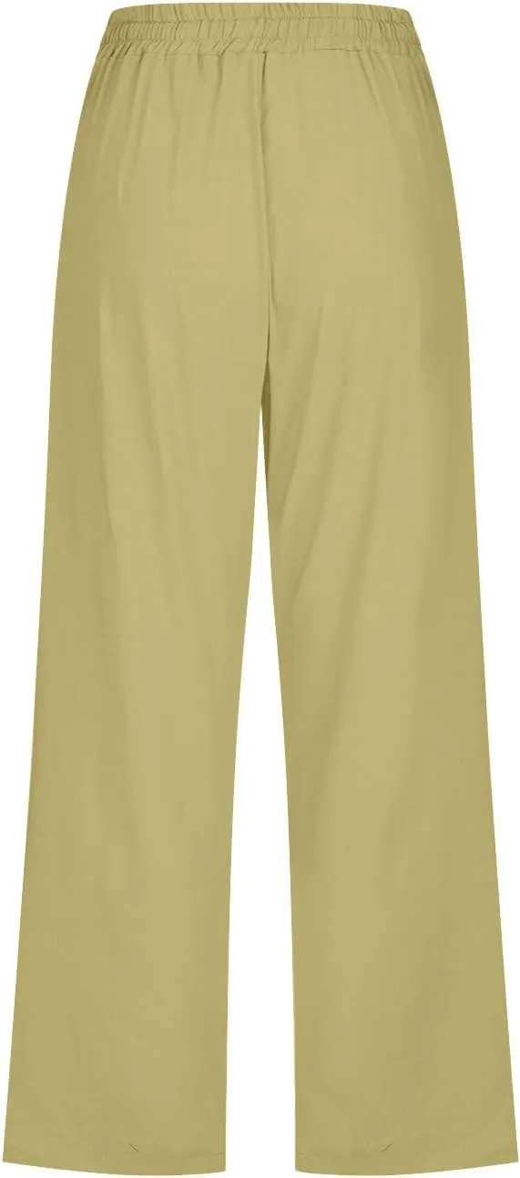 SMIDOW Women Cotton Linen Capris Pants Plus Size Knee Length Casual Elastic Waist Loose Paper Bag with Pockets Loose Trousers