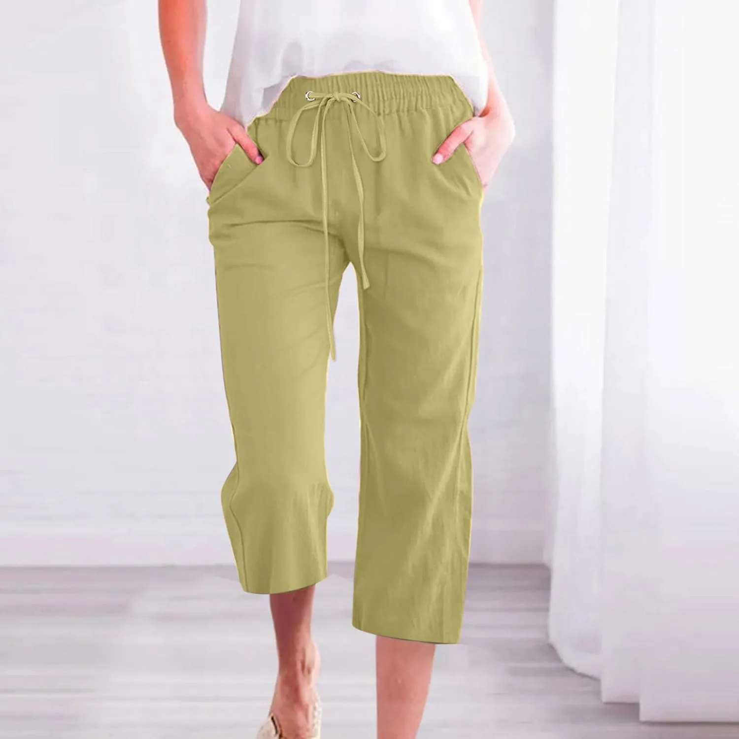 SMIDOW Women Cotton Linen Capris Pants Plus Size Knee Length Casual Elastic Waist Loose Paper Bag with Pockets Loose Trousers