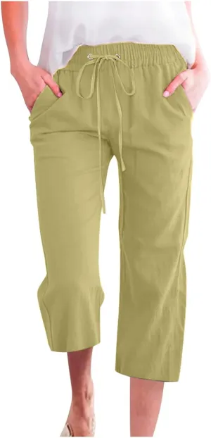 SMIDOW Women Cotton Linen Capris Pants Plus Size Knee Length Casual Elastic Waist Loose Paper Bag with Pockets Loose Trousers
