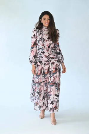 Soie Ruched Drop Waist Floral Dress