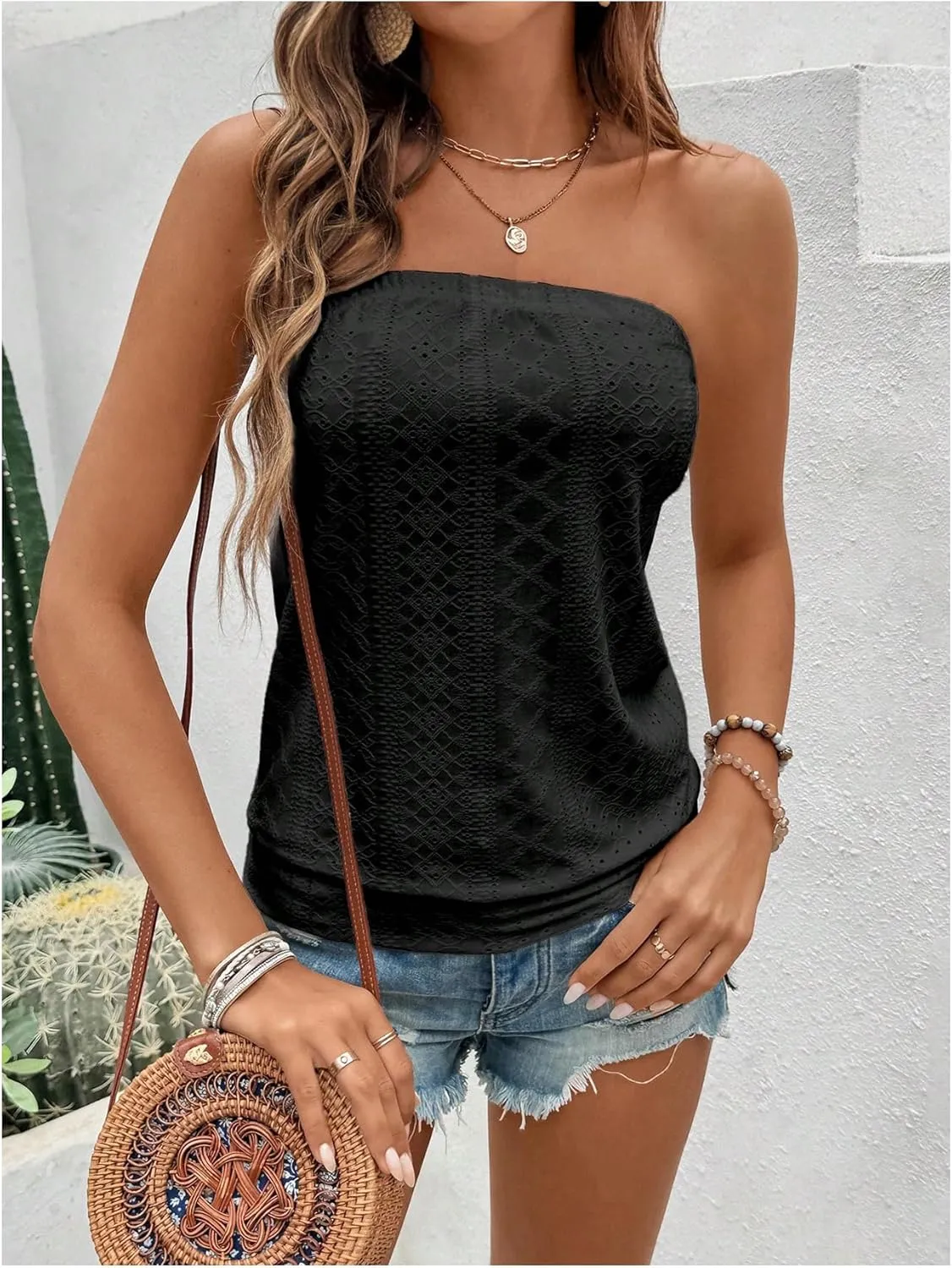 SOLY HUX Women's Strapless Bandeau Tank Top Casual Summer Sleeveless Eyelet Tube Tops