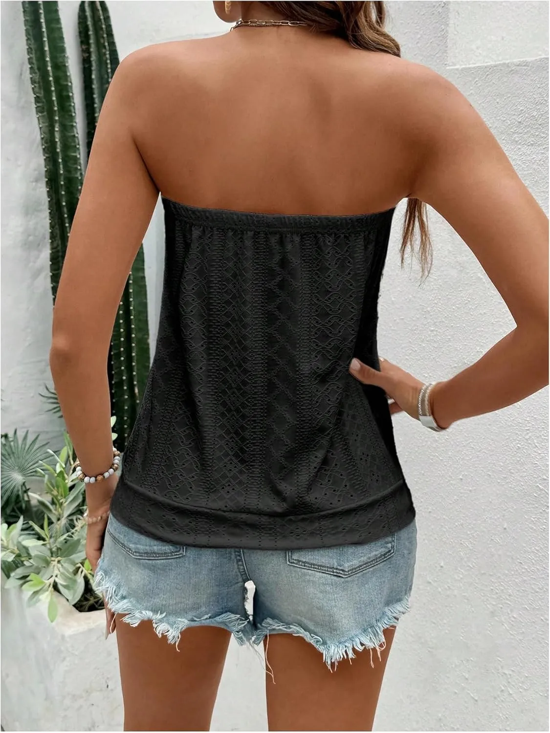 SOLY HUX Women's Strapless Bandeau Tank Top Casual Summer Sleeveless Eyelet Tube Tops
