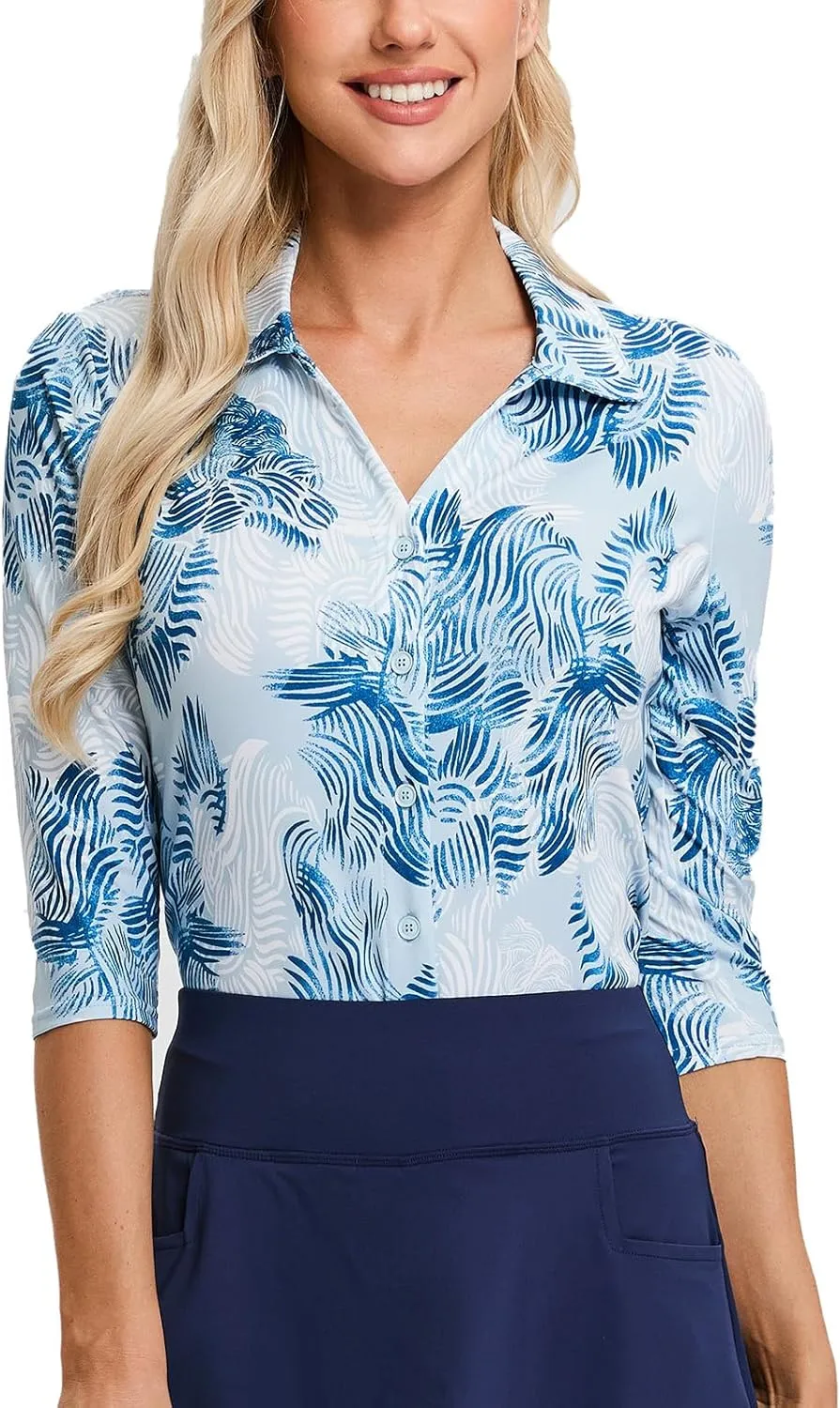 Soneven Womens 3/4 Sleeve Button Down Shirt V Neck Collared Polo Shirts Work Blouses
