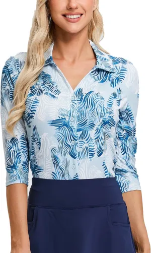 Soneven Womens 3/4 Sleeve Button Down Shirt V Neck Collared Polo Shirts Work Blouses